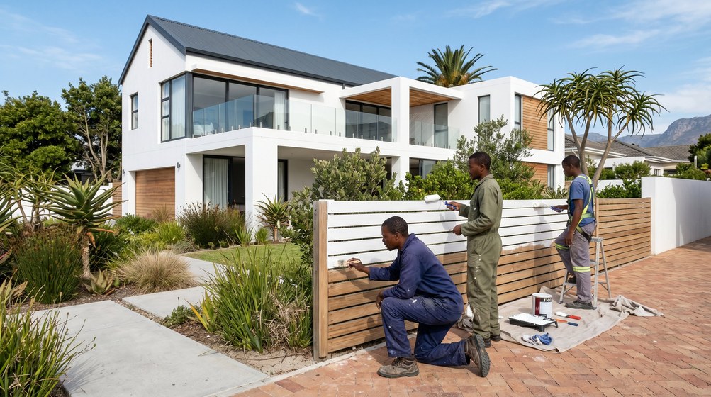 Professional fence painters painting a wooden fence at a coastal home in Green Point