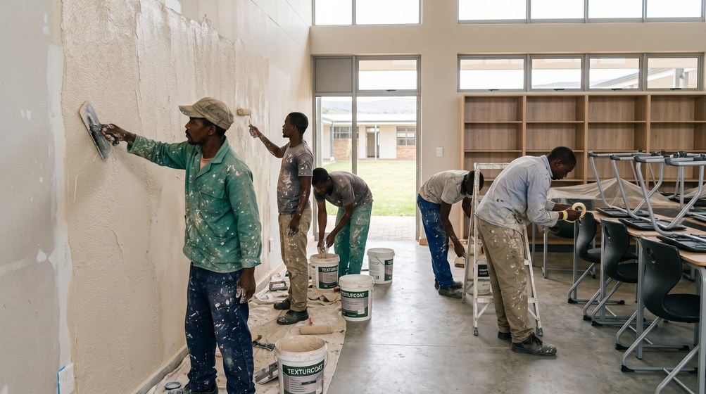 Professional texture coating team applying Texturcoat to interior walls in Green Point