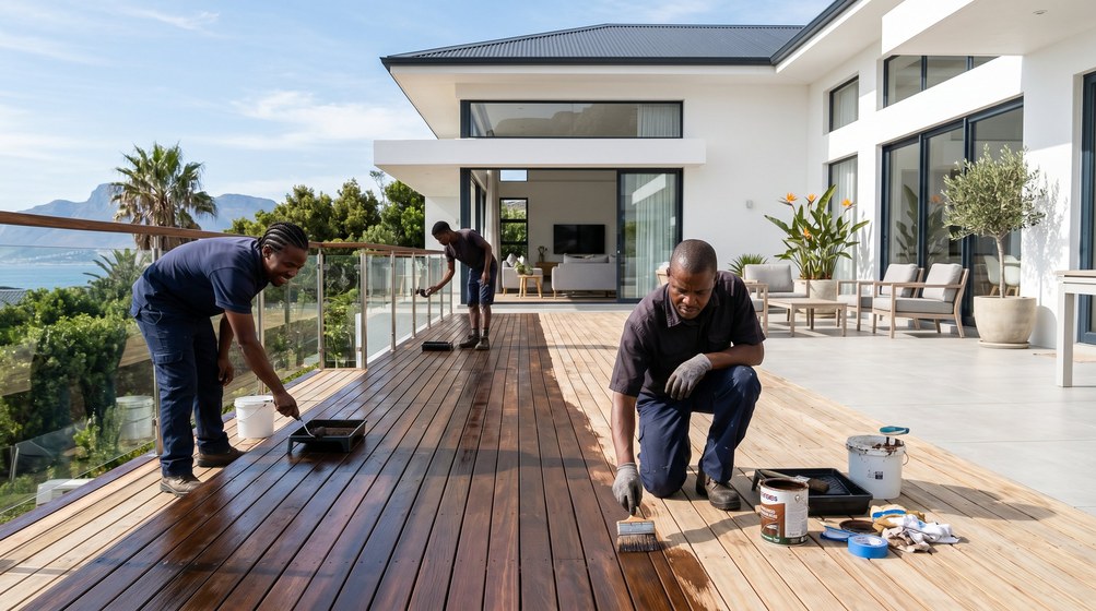 Professional wood staining team applying deck stain overlooking the ocean in Green Point